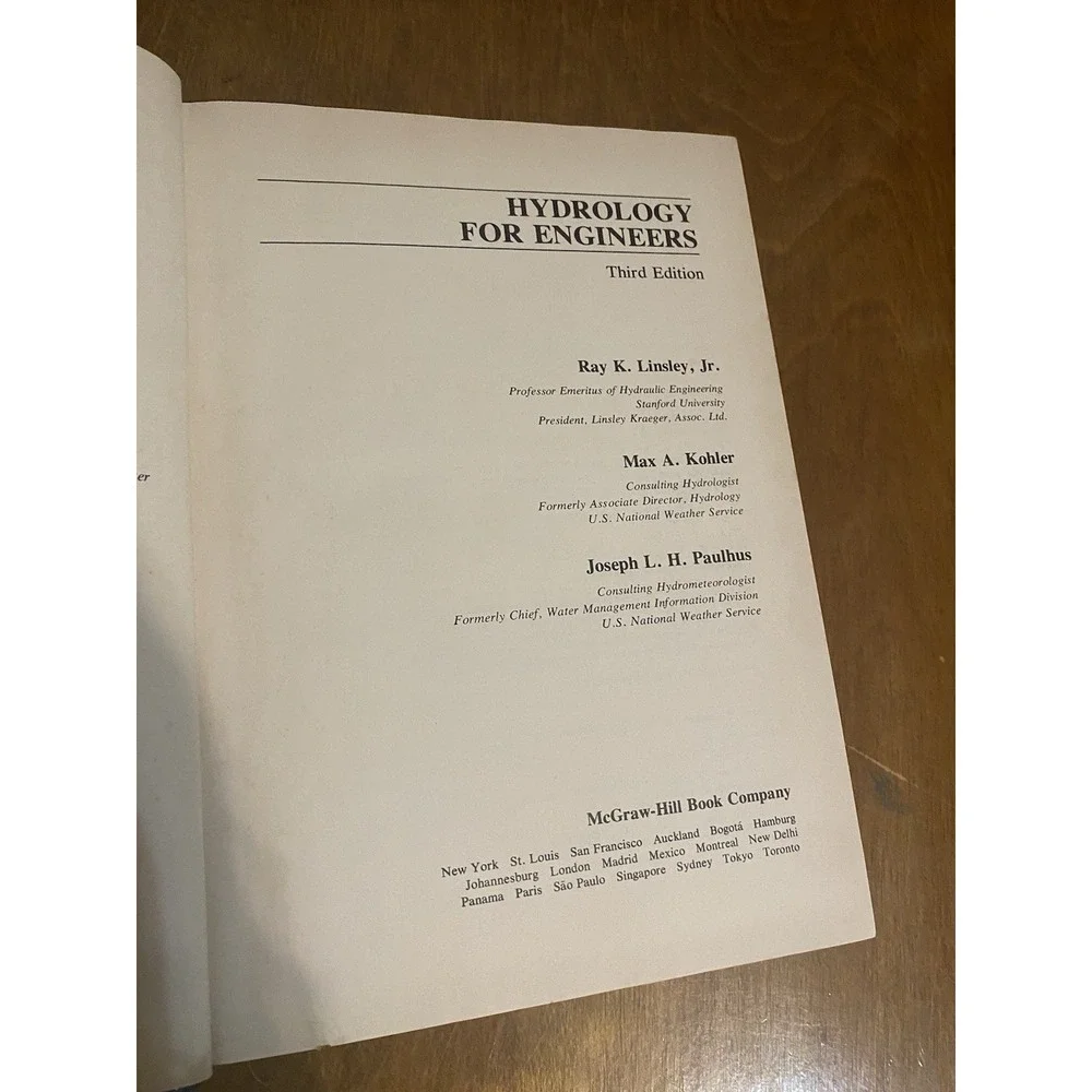 Hydrology for Engineers Hardcover Ray K., Paulhus,‎ Kohler Linsley 2d edition HC